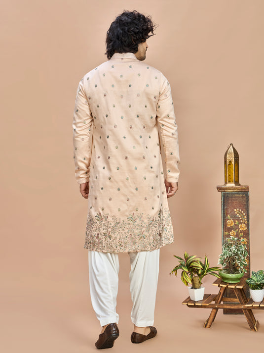 Peach Golden Embroidered Kurta for Men