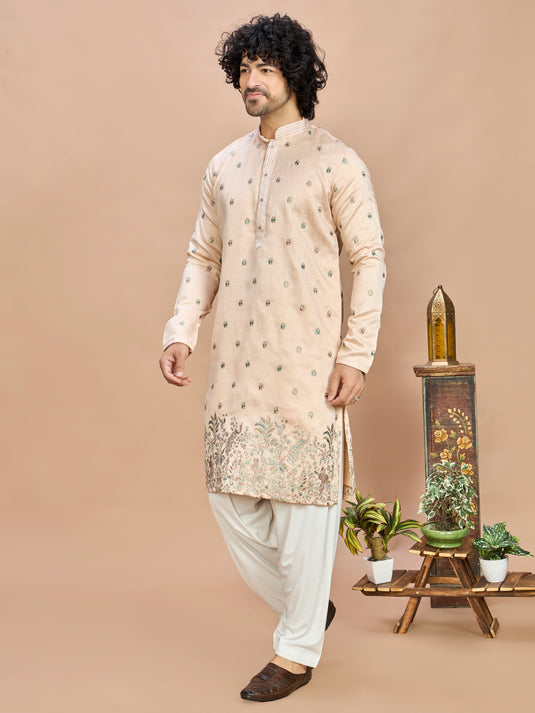 Peach Golden Embroidered Kurta for Men