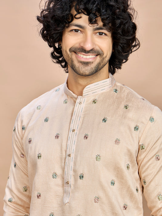 Peach Golden Embroidered Kurta for Men