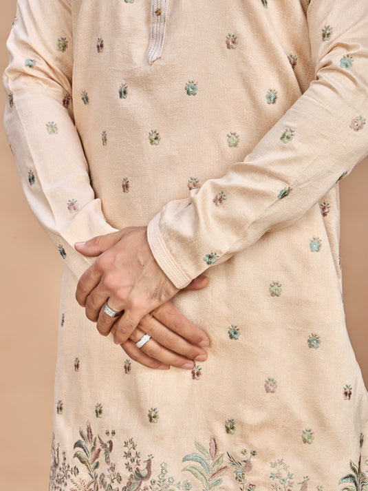 Peach Golden Embroidered Kurta for Men