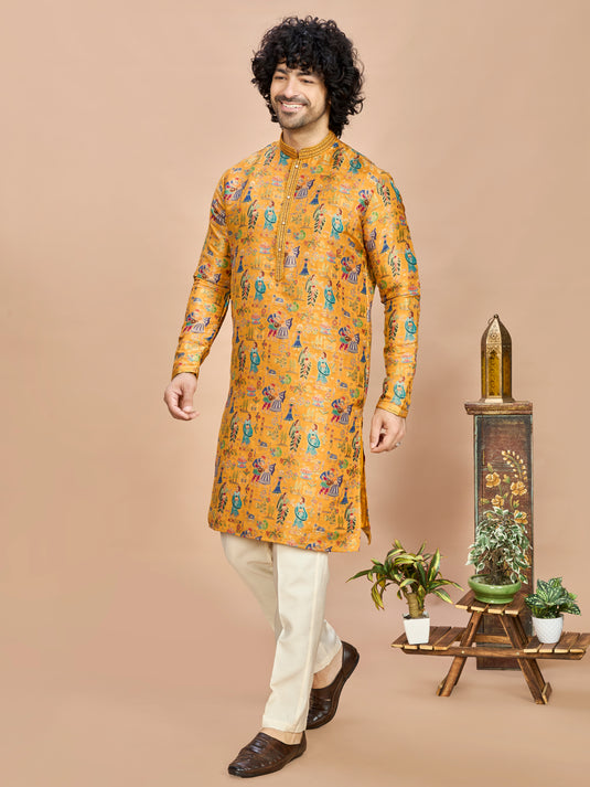 Mustard Silk Kurta Set for Men