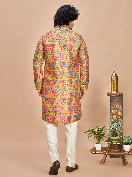 Mustard Multicolor Embroidered Kurta for Men