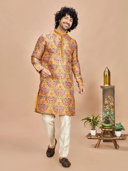 Mustard Multicolor Embroidered Kurta for Men