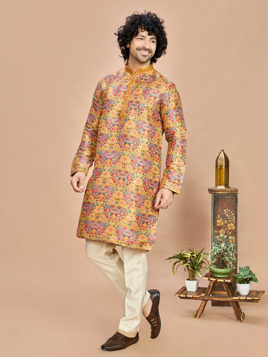 Mustard Multicolor Embroidered Kurta for Men