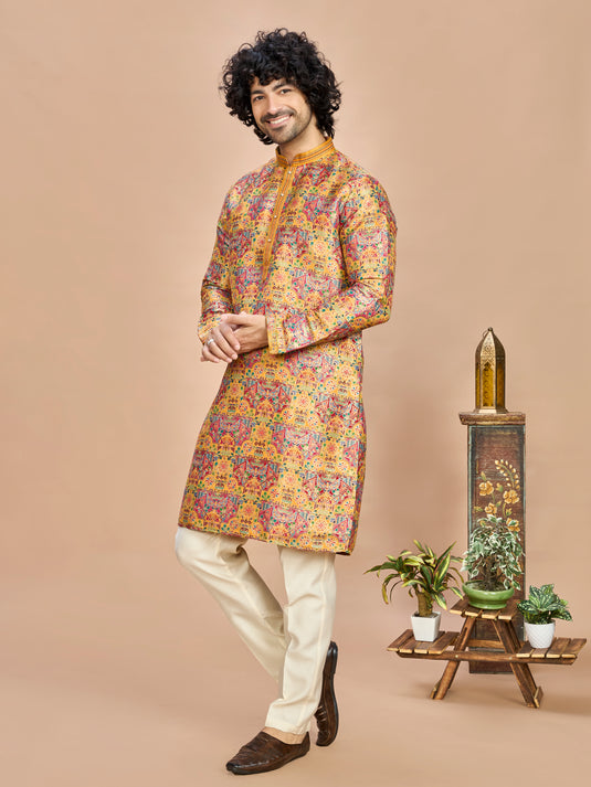 Mustard Multicolor Embroidered Kurta for Men