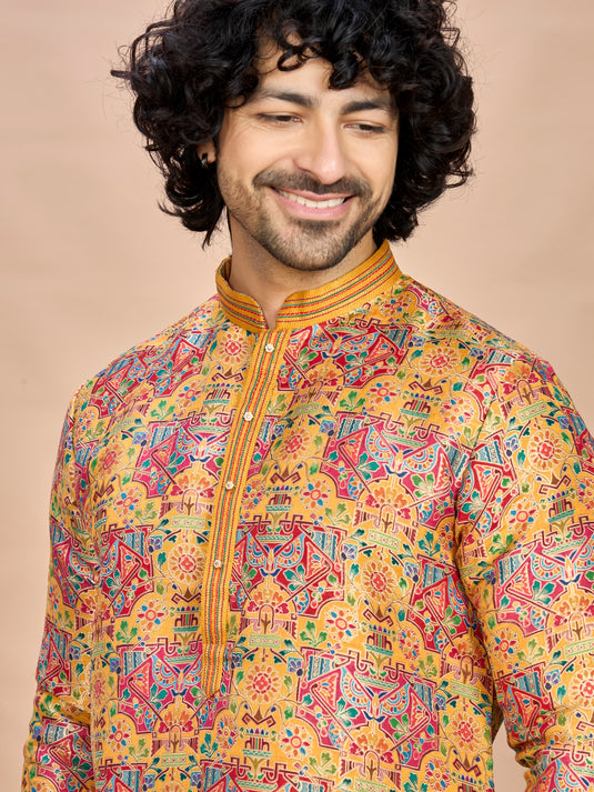 Mustard Multicolor Embroidered Kurta for Men