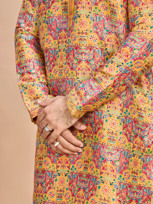Mustard Multicolor Embroidered Kurta for Men
