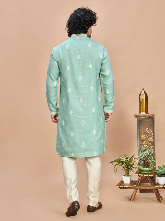 Light Pista Linen Embroidered Kurta Set for Men