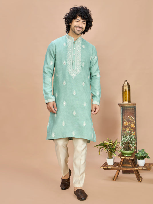Light Pista Linen Embroidered Kurta Set for Men