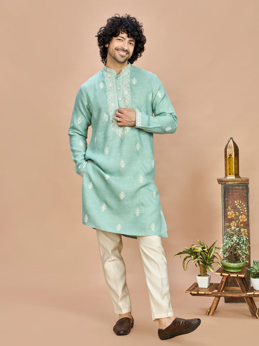 Light Pista Linen Embroidered Kurta Set for Men