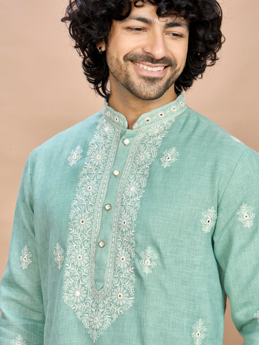 Light Pista Linen Embroidered Kurta Set for Men