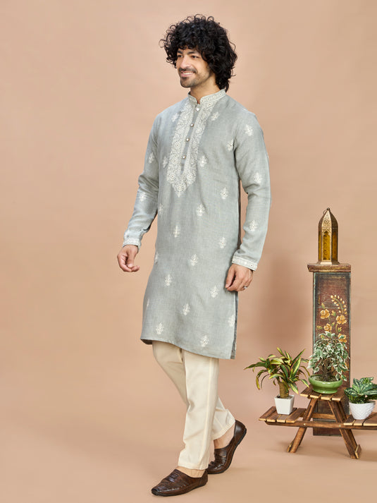 Light Grey Linen Embroidered Kurta Set for Men