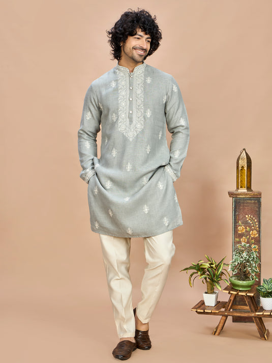 Light Grey Linen Embroidered Kurta Set for Men
