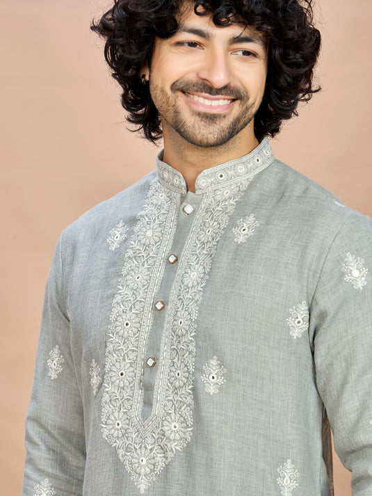Light Grey Linen Embroidered Kurta Set for Men