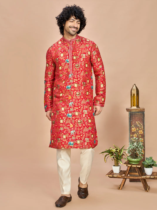 Red Silk Kurta Set for Men