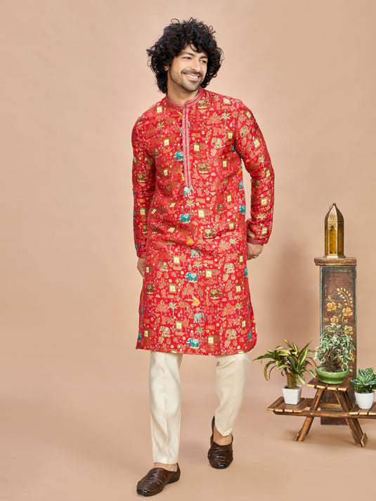 Red Silk Kurta Set for Men
