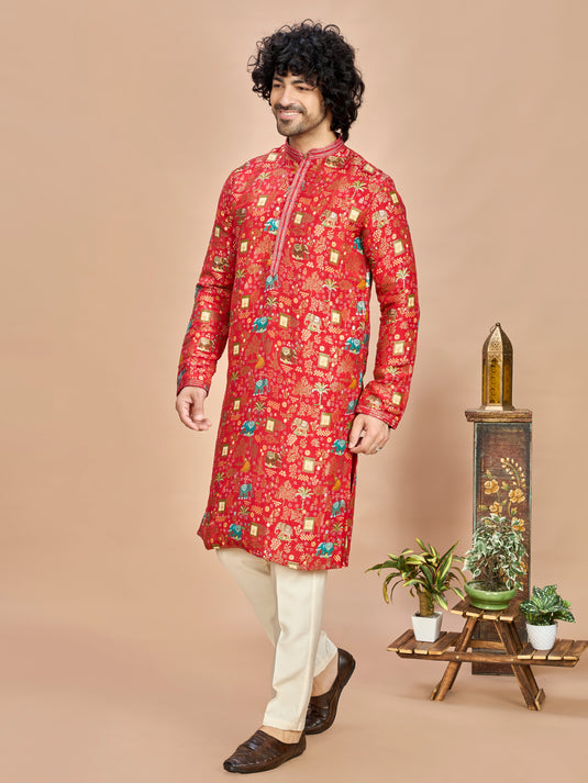 Red Silk Kurta Set for Men