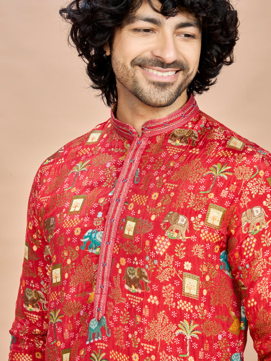 Red Silk Kurta Set for Men