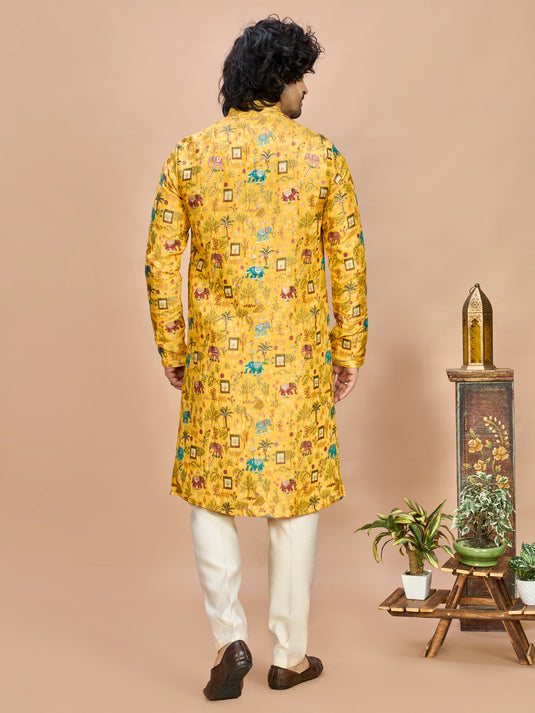 Yellow Silk Kurta Set for Men