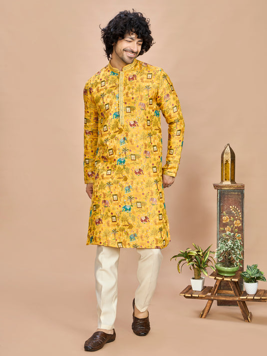 Yellow Silk Kurta Set for Men