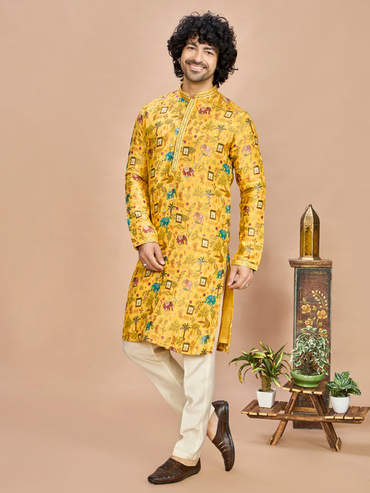 Yellow Silk Kurta Set for Men