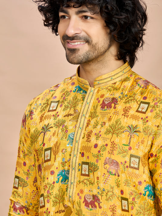 Yellow Silk Kurta Set for Men