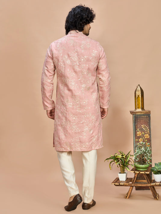 Peach Golden Embroidered Kurta for Men