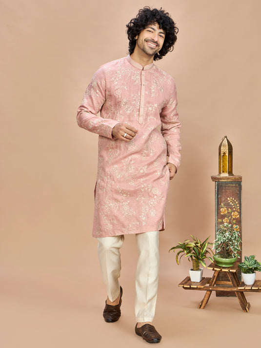 Peach Golden Embroidered Kurta for Men