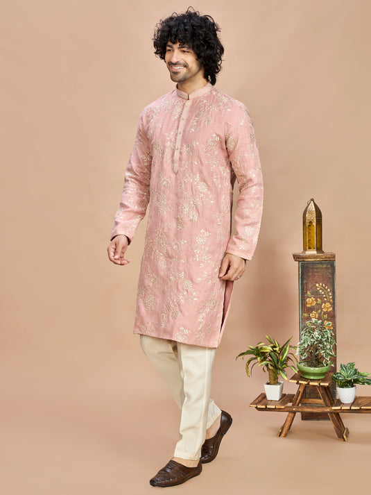 Peach Golden Embroidered Kurta for Men