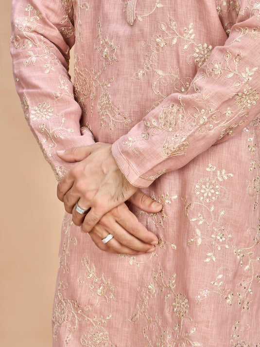 Peach Golden Embroidered Kurta for Men