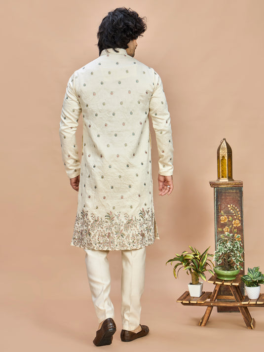 Cream Multicolor Embroidered Kurta for Men