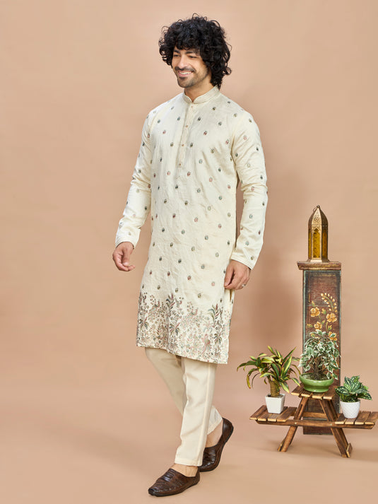 Cream Multicolor Embroidered Kurta for Men