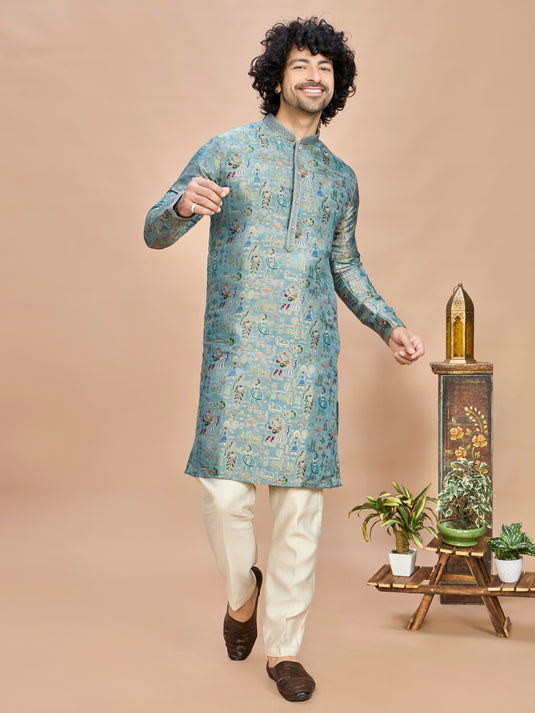Green Silk Kurta Set for Men