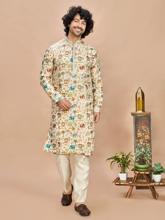 Off White Silk Kurta Set for Men