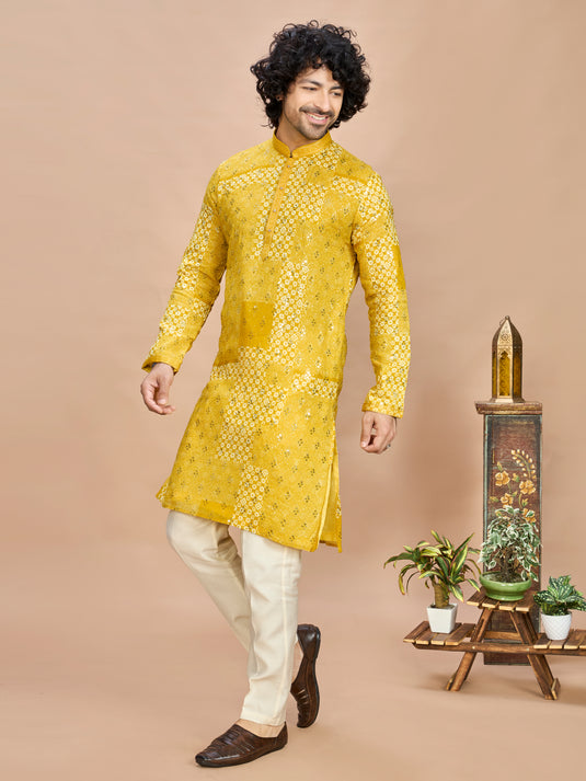Yellow Silk Embroidered Kurta Set for Men
