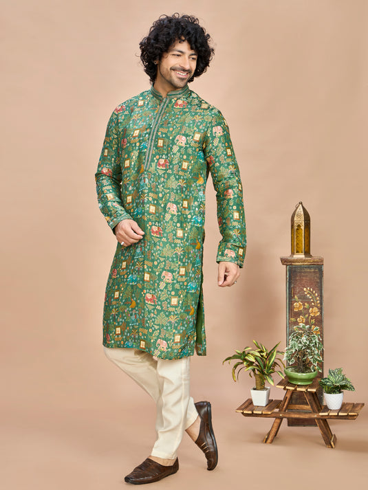 Green Silk Kurta Set for Men