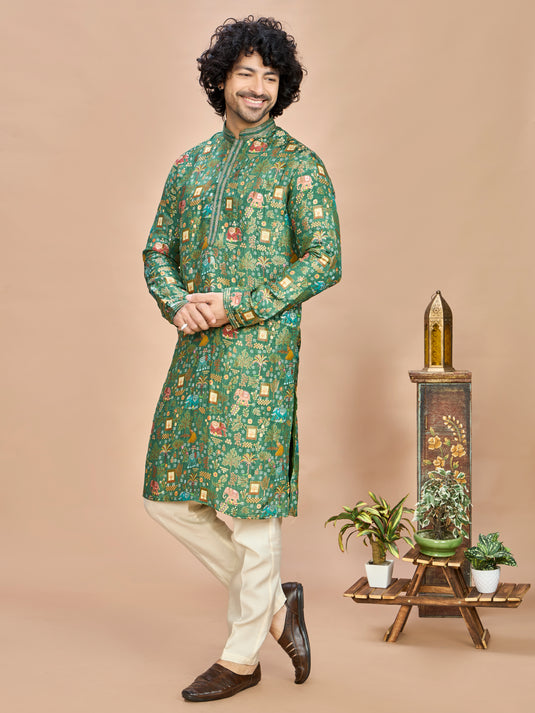 Green Silk Kurta Set for Men
