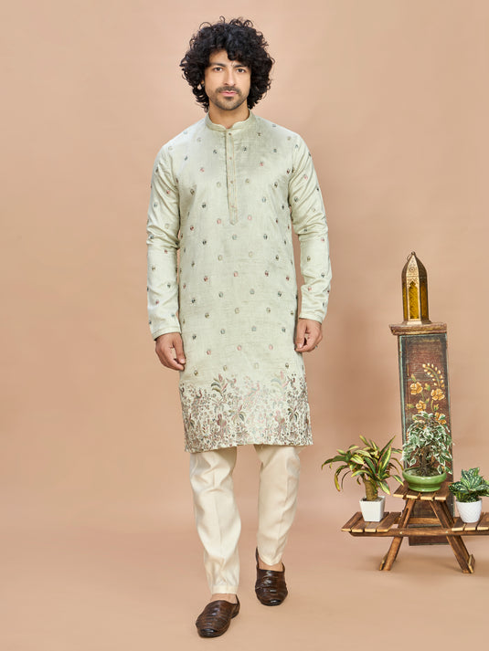 Pista Green Golden Embroidered Kurta for Men