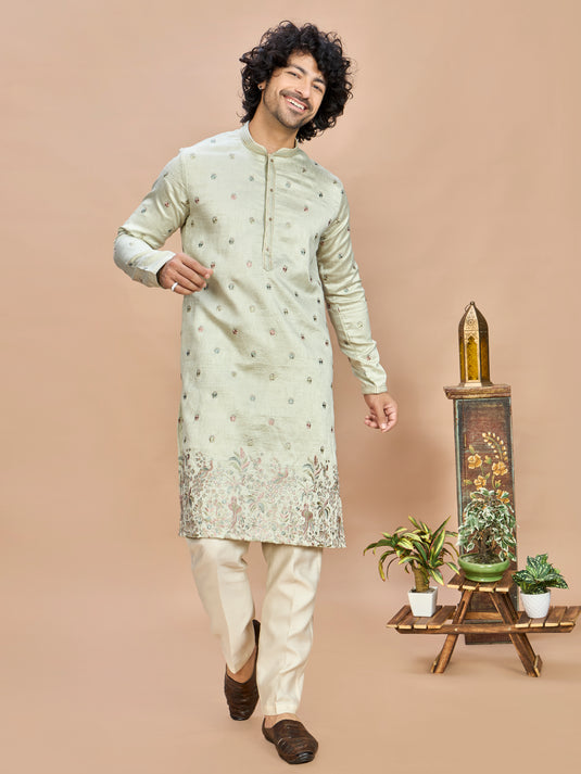 Pista Green Golden Embroidered Kurta for Men
