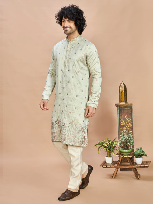Pista Green Golden Embroidered Kurta for Men