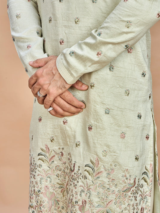 Pista Green Golden Embroidered Kurta for Men