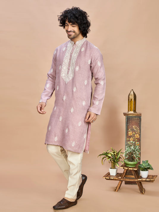 Light Purple Linen Embroidered Kurta Set for Men