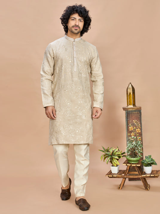 Cream Golden Embroidered Kurta for Men