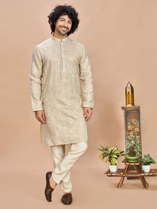 Cream Golden Embroidered Kurta for Men