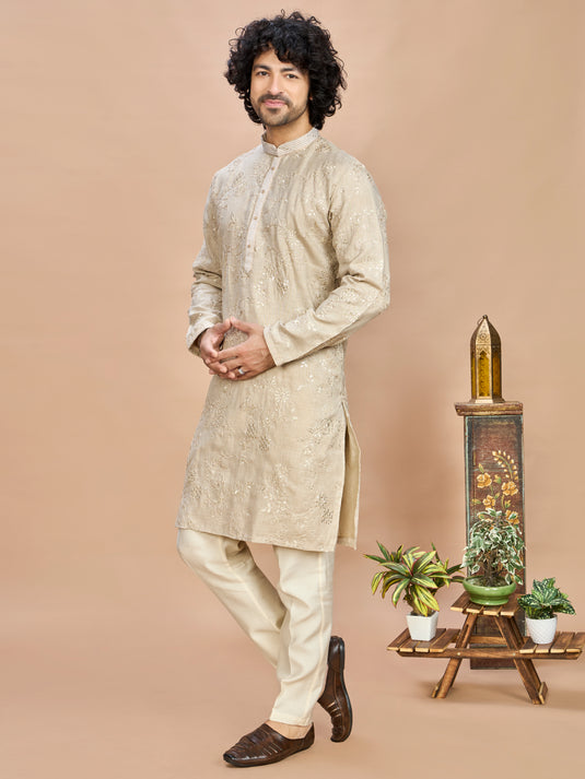 Cream Golden Embroidered Kurta for Men