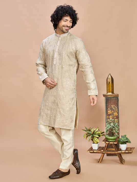 Cream Golden Embroidered Kurta for Men