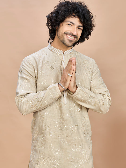 Cream Golden Embroidered Kurta for Men