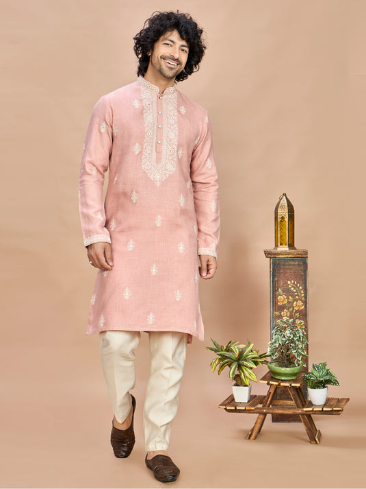 Pink Linen Embroidered Kurta Set for Men