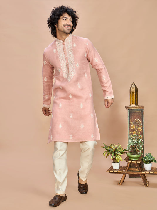 Pink Linen Embroidered Kurta Set for Men