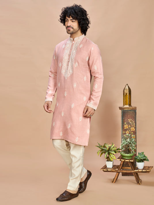 Pink Linen Embroidered Kurta Set for Men